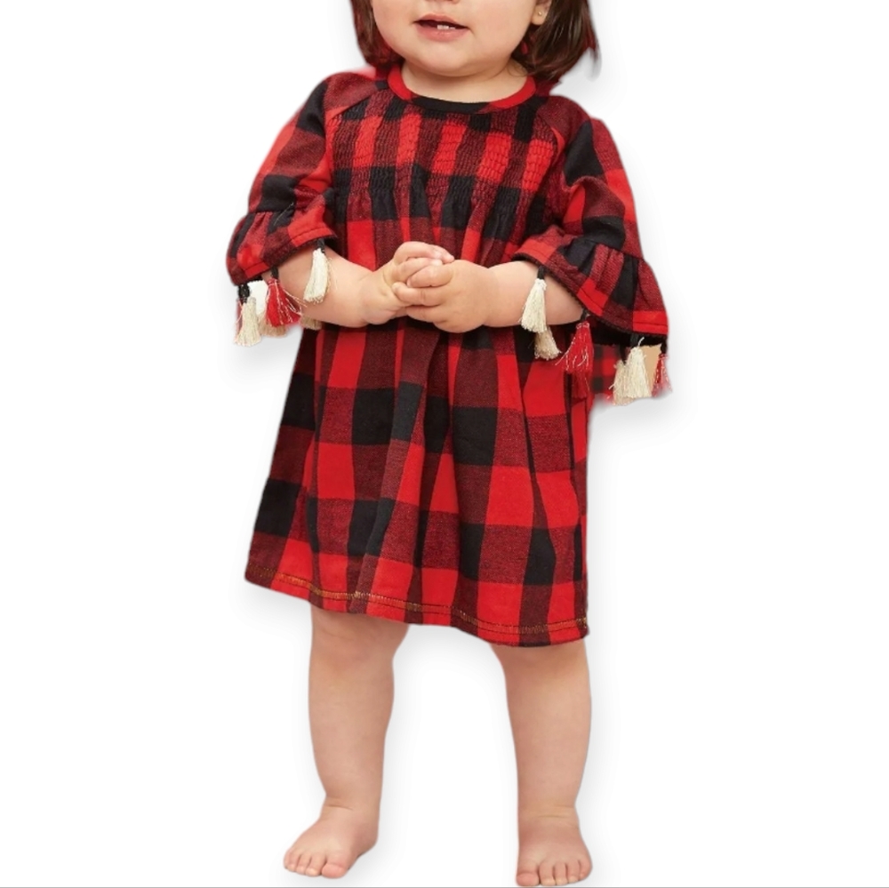 Mud Pie Girls Flannel Dress 9-12 Months Smocked Buffalo Plaid Red Black Holiday
